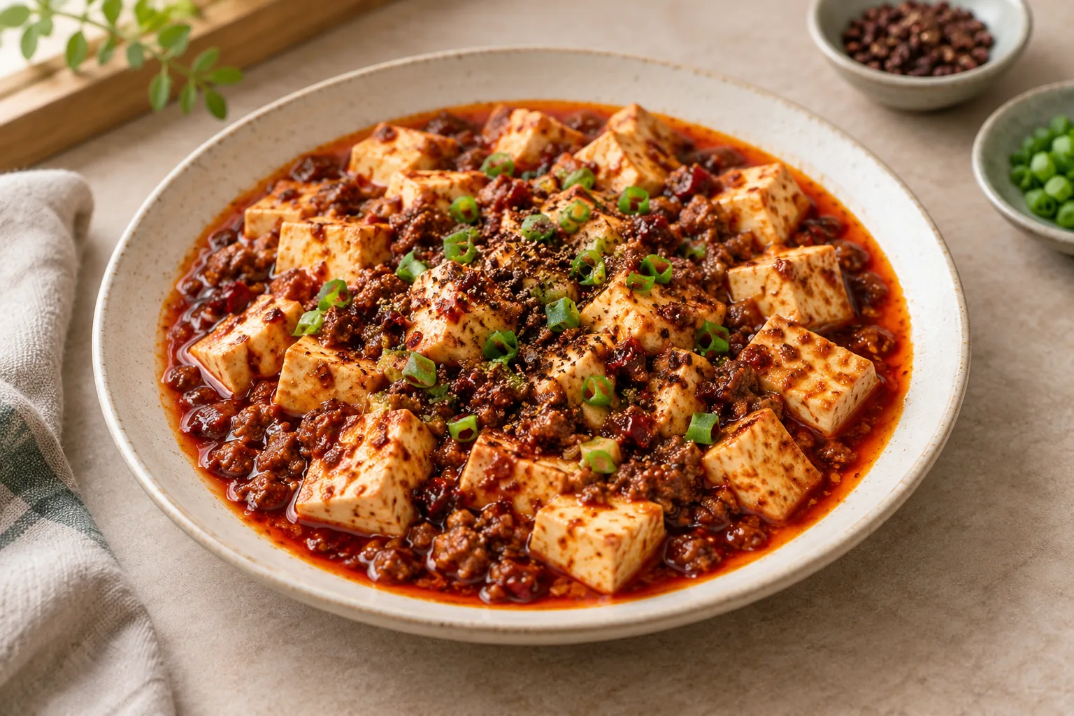红亮汤汁中的麻婆豆腐